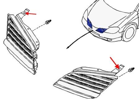 scheme of fastening of the radiator grille Nissan Primera P12 (2002-2007)